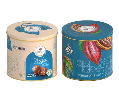 Trufa Chocolate Round Tins Featuring Cocoa Bean Images And Brand Design 3d model