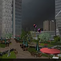 Vibrant Commercial Street With Modern High Rise Buildings People Green Red Umbrellas And Hot Air Balloons