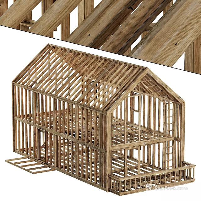 Residential Building Wooden Frame Structure Under Construction With Beams And Columns 3d model 
