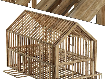 Residential Building Wooden Frame Structure Under Construction With Beams And Columns 3d model