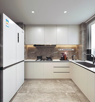 Modern Kitchen Interior Design With White Cabinets Marble Backsplash Cooktop Sink Window And White Refrigerator 3d model