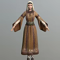 Woman In Traditional Brown Patterned Dress With Green Belt And Long Sleeves