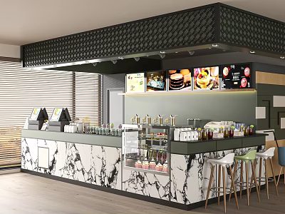 Modern Café Interior With Marble Counter Bar Stools And Menu Display Screens 3d model