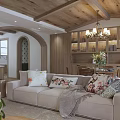 Cozy Living And Dining Room Interior With Wooden Ceiling Stone Fireplace And Sofa