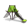 Kids Playground Structure With Green Slide Brown Frame Leaf Pattern And Climbing Net 3d model