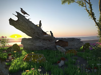 Natural Wooden Log And Stones With Crows At Seaside Sunset Grassland 3d model