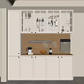 Kitchen Interior Design With White Cabinets Glass Door Upper Storage Countertop Coffee Machine Fruits Vase