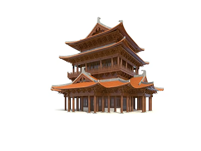 Traditional Chinese Ancient Architecture With Multi Layered Wooden Structure And Orange Roof 3d model