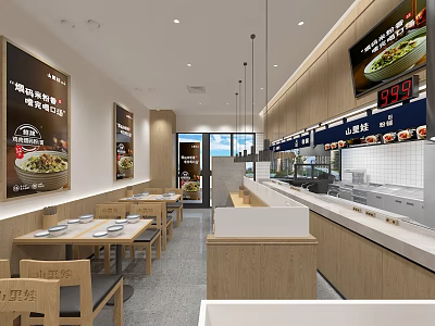 Bright Modern Restaurant Interior With Wooden Tables Chairs Menu Displays And TV Screens 3d model