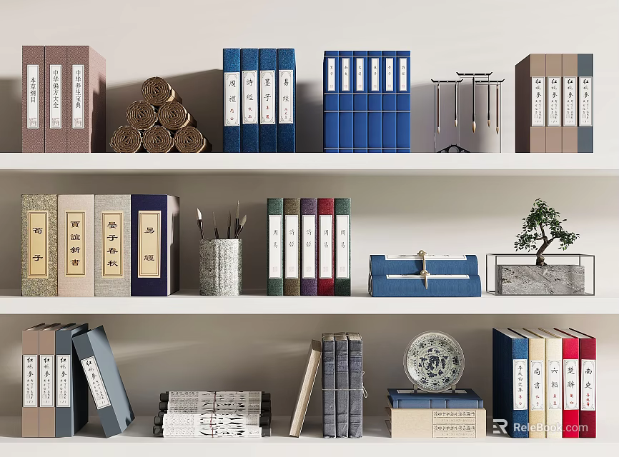 Colorful Books and Magazines on White Shelves with Decorative Scrolls Potted Plant and Pen Holder 3d model 