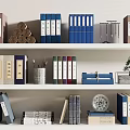 Colorful Books and Magazines on White Shelves with Decorative Scrolls Potted Plant and Pen Holder