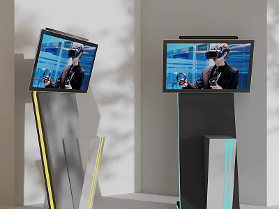 Dual Computer Monitors Showing VR Headset User With Steering Wheel On Stylish Stands 3d model