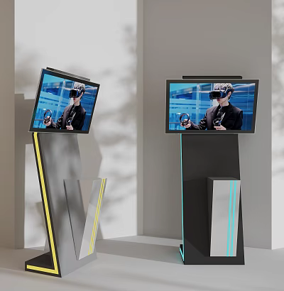 Dual Computer Monitors Showing VR Headset User With Steering Wheel On Stylish Stands 3d model
