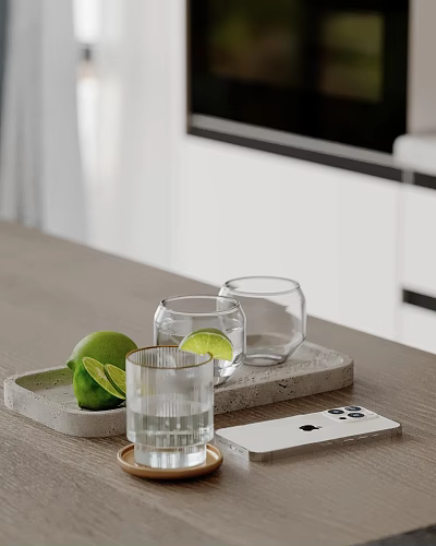 Decorative Ornament Set with Concrete Tray Glass Cups Lime Slices and Wooden Tabletop 3d model