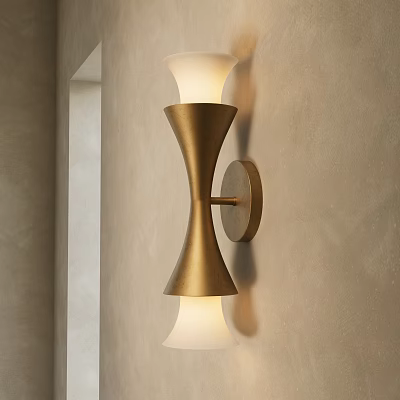 Golden Modern Wall Lamp With Double White Lampshades And Metal Body 3d model