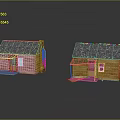 Two Wooden Cabins With Gray Shingle Roof Brick Chimney And Front Porch