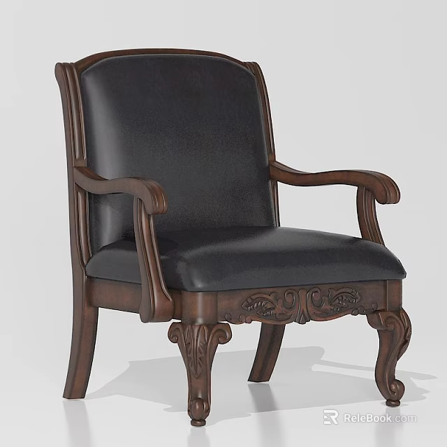 Traditional Wooden Armchair With Black Leather Seat And Carved Legs Design 3d model 