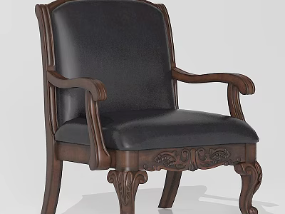 Traditional Wooden Armchair With Black Leather Seat And Carved Legs Design 3d model