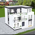 Modern Detached Villa With White Exterior Black Roof Large Windows Swimming Pool And Green Lawn