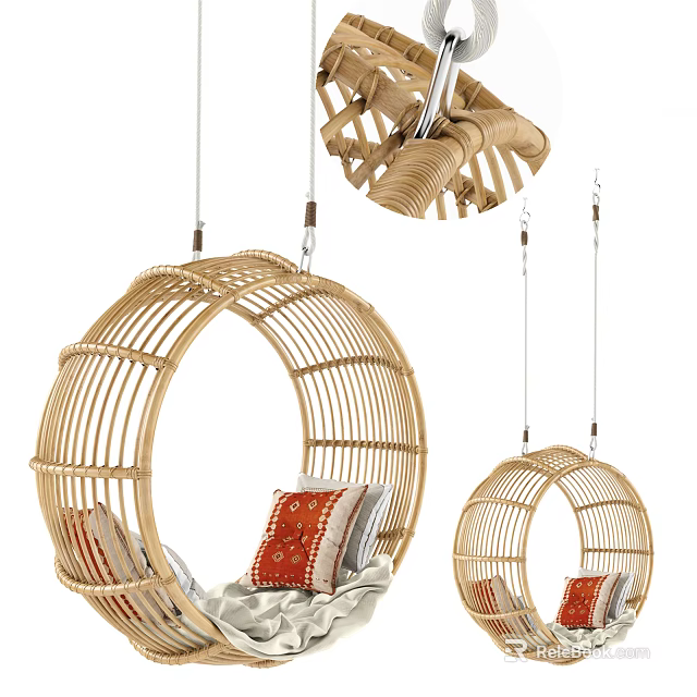 Rattan Woven Round Hanging Chair with Soft Cushions for Indoor Outdoor Use 3d model 