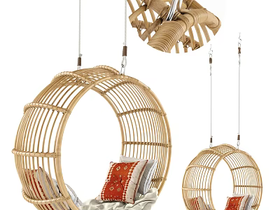Rattan Woven Round Hanging Chair with Soft Cushions for Indoor Outdoor Use 3d model