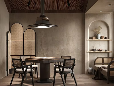 Hotel Mahjong Room Interior Design With Wooden Ceiling Arched Partitions Table Chairs And Decorative Shelves 3d model
