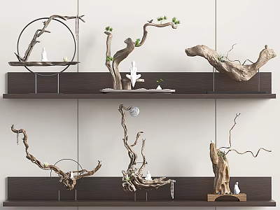 Natural Style Decorative Ornament Set With Wooden Branches And Metal Frames On Shelves 3d model