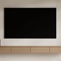 Wall Mounted Oak TV Stand With Drawers Black Flat Screen TV And Speaker