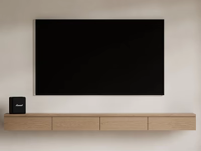 Wall Mounted Oak TV Stand With Drawers Black Flat Screen TV And Speaker 3d model