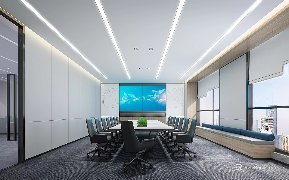 Modern Conference Room Interior With Long Table Black Chairs And Linear Ceiling Lights 3d model