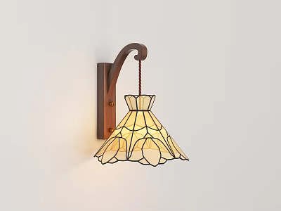 Vintage Stained Glass Wall Lamp With Wooden Bracket And Bell Shaped Shade 3d model