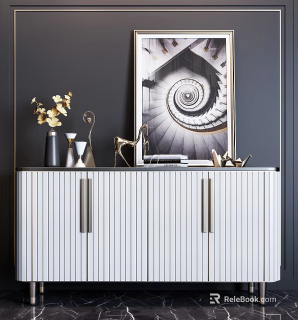 White Vertical Striped Entryway Console Cabinet With Metal Handles Vase Yellow Flowers Spiral Painting 3d model 