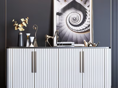 White Vertical Striped Entryway Console Cabinet With Metal Handles Vase Yellow Flowers Spiral Painting 3d model