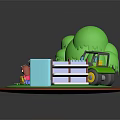 Cartoon Farm Characters With Farmer Children Cow Blue Creature Chick Green Trees And Tractor