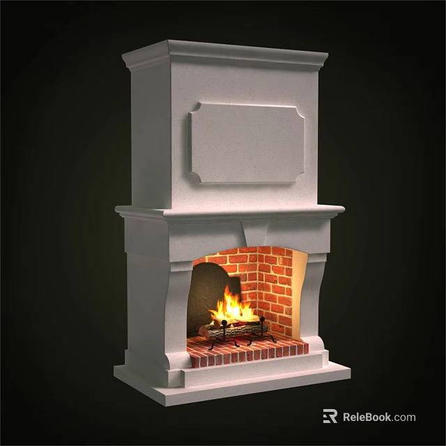 White Stone Fireplace With Red Brick Interior And Burning Fire 3d model