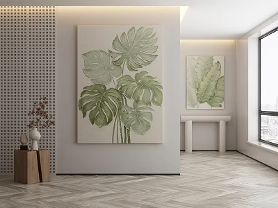 Botanical Paintings With Green Monstera Leaves In Modern Interior Wall Decor 3d model
