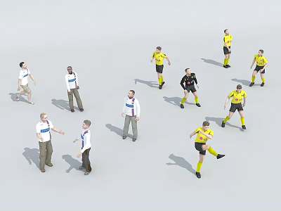 Group of People Playing Soccer With Referee In White and Yellow Jerseys 3d model