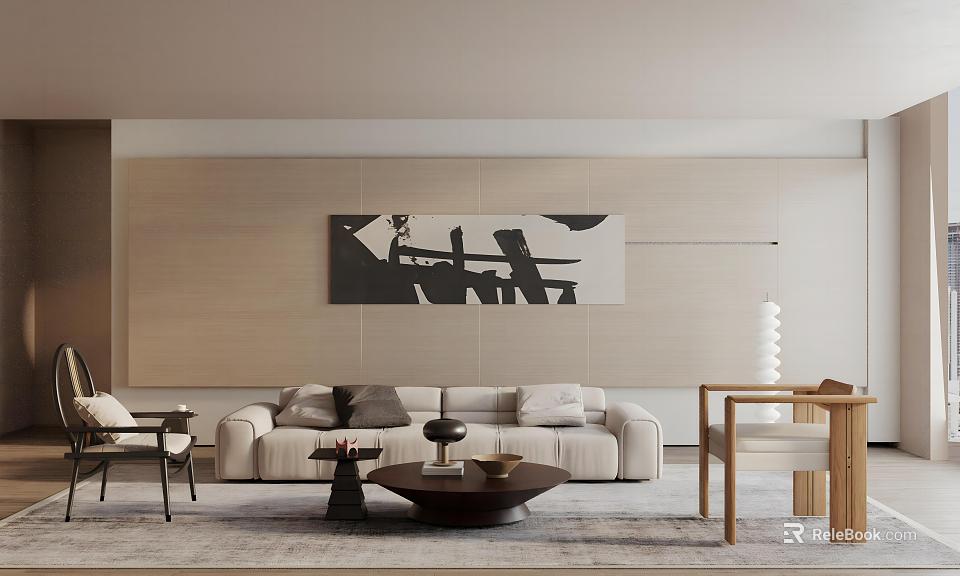 Modern Living Room Interior With Light Beige Sofa Dark Coffee Table And Abstract Painting 3d model 