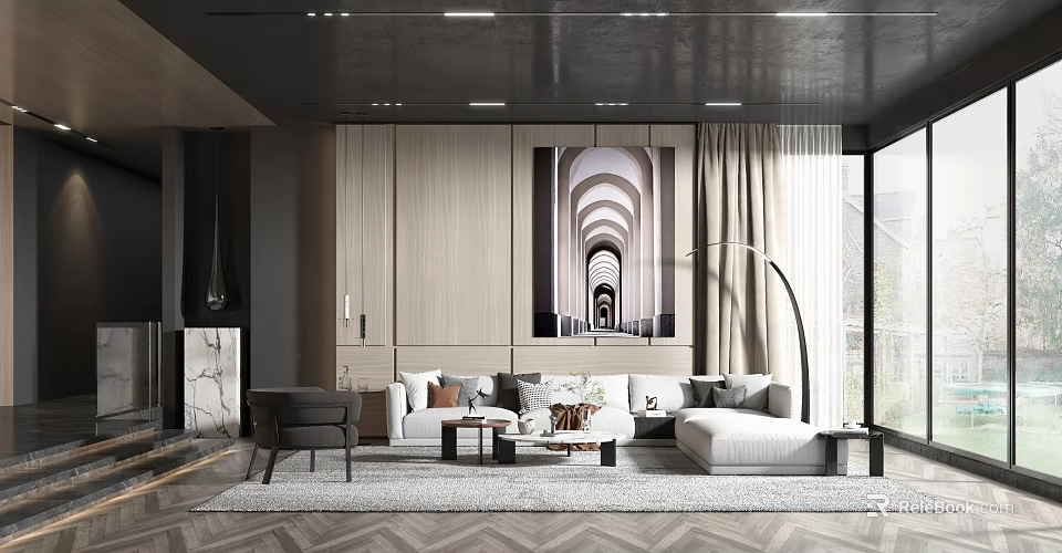 Modern Living Room Interior With Large Artwork Sofa Herringbone Rug And Floor To Ceiling Windows 3d model 