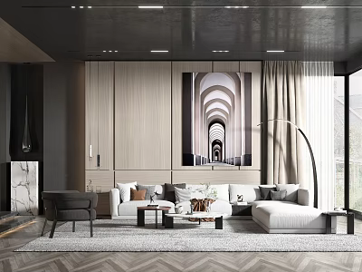 Modern Living Room Interior With Large Artwork Sofa Herringbone Rug And Floor To Ceiling Windows 3d model