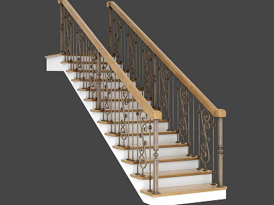 Elegant Staircase with Wooden Handrails and Intricate Metal Railings on White Steps 3d model