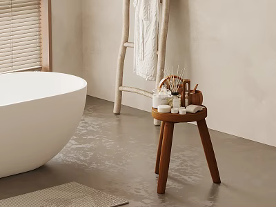 Serene Bathroom Interior With White Bathtub Wooden Stool Toiletries Light-Colored Walls And Gray Floor 3d model