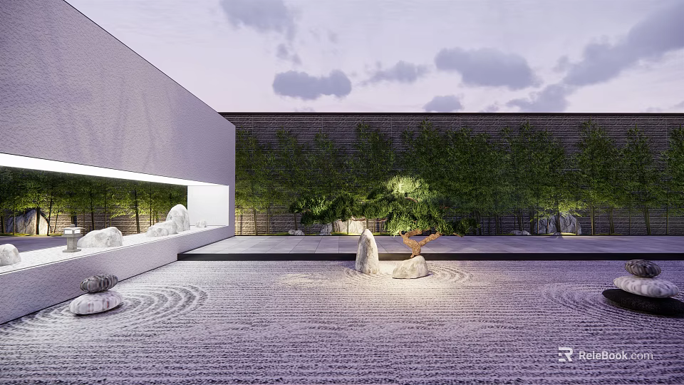Modern Courtyard Rockery Stones with Sand Ground Circular Patterns Green Trees and Lighting 3d model 