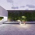 Modern Courtyard Rockery Stones with Sand Ground Circular Patterns Green Trees and Lighting
