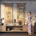 Traditional Chinese Interior With Woman In Qipao Scroll Paintings And Wooden Cabinet Decor
