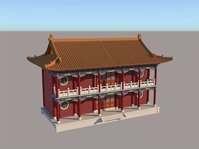 Ancient Chinese Architecture With Red Walls Brown Tiled Roof White Railings And Steps 3d model