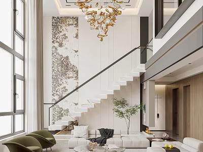 Modern Duplex Living Room Interior With Chandelier Staircase Sofa And Plants 3d model