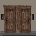Wooden Double Hinged Doors With Decorative Carvings And Wall Sconces