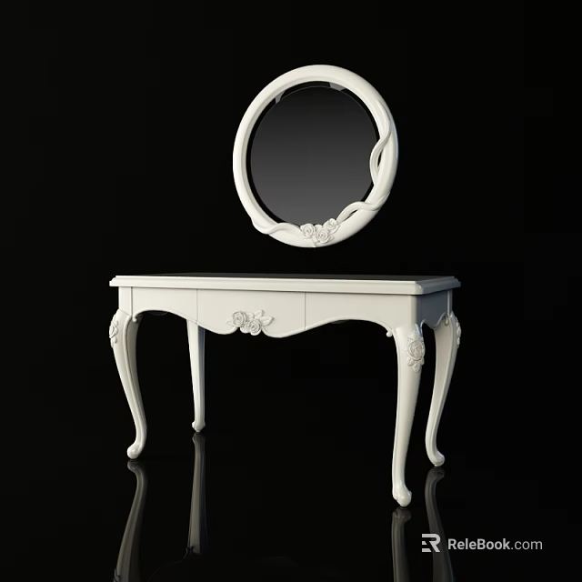Elegant White Vintage Dressing Table With Ornate Carved Details And Round Mirror Top 3d model 