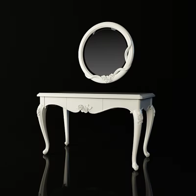 Elegant White Vintage Dressing Table With Ornate Carved Details And Round Mirror Top 3d model